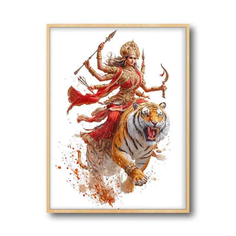 Maa Durga With Tiger Archival Paper Wall Art - Natural Brown Frame media 5
