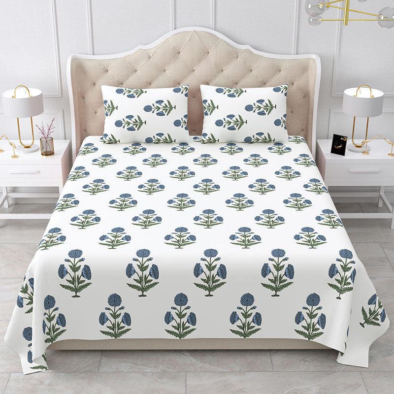 Marrakech Marigold Ethnic Cotton Bedsheet (Blue & White) - 180 TC media 4