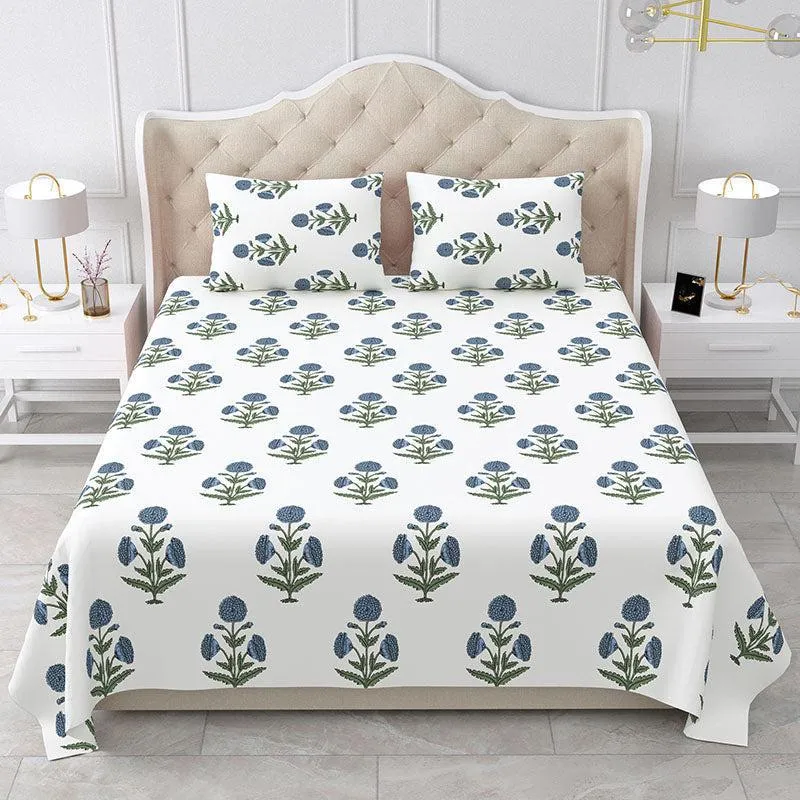 Marrakech Marigold Ethnic Cotton Bedsheet (Blue & White) - 180 TC media 4