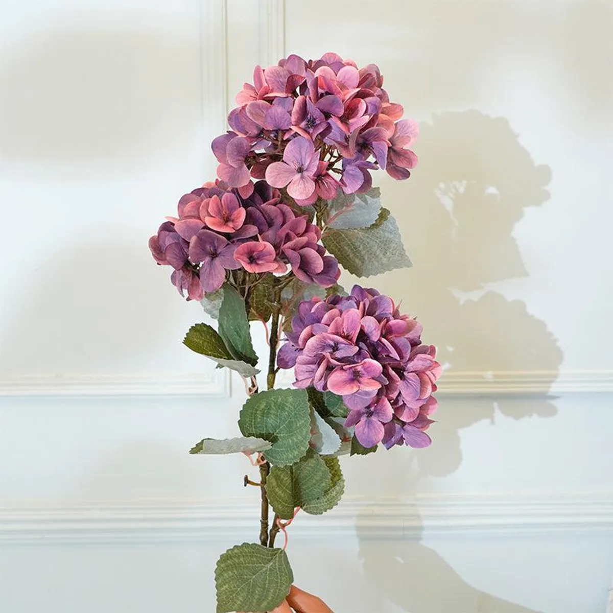 Maroon and purple artificial hydrangea flower stick with green leaves