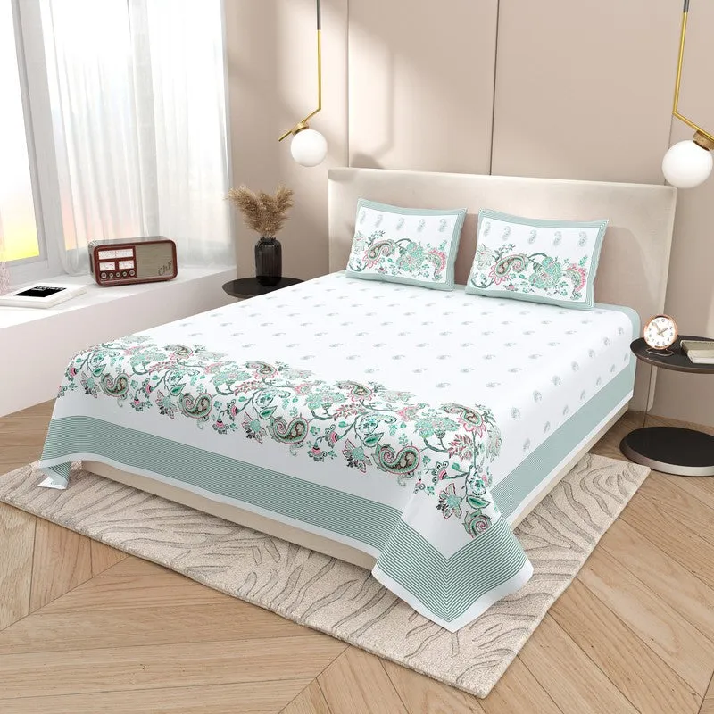 Royal Glow Cotton Bedsheet (Sea Green,White) - 120 TC media 1