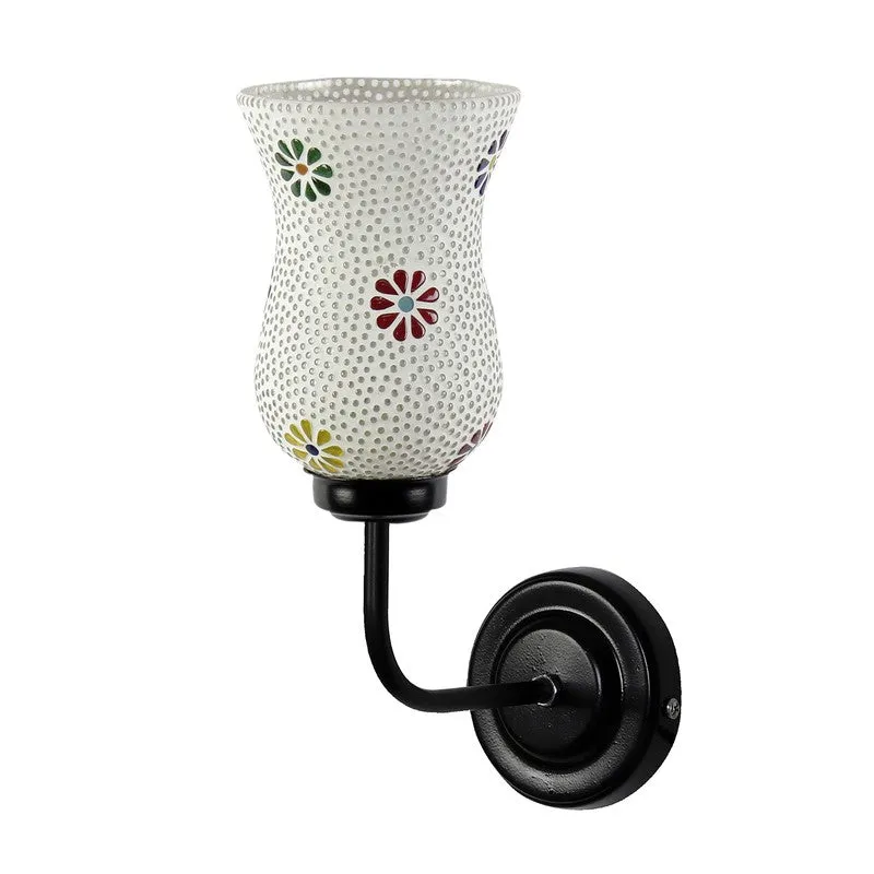Unlit white mosaic glass wall lamp with multicolour floral motifs and black mount