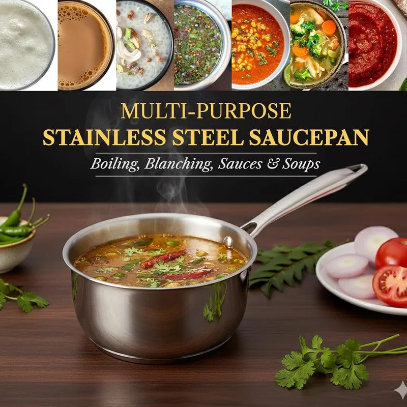 Silver stainless steel saucepan with long handle shown with cooked food