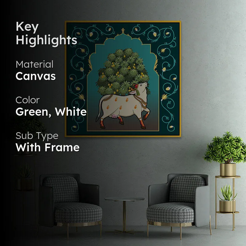 Cow In Grove Canvas Wall Painting With Frame - Gold media 2