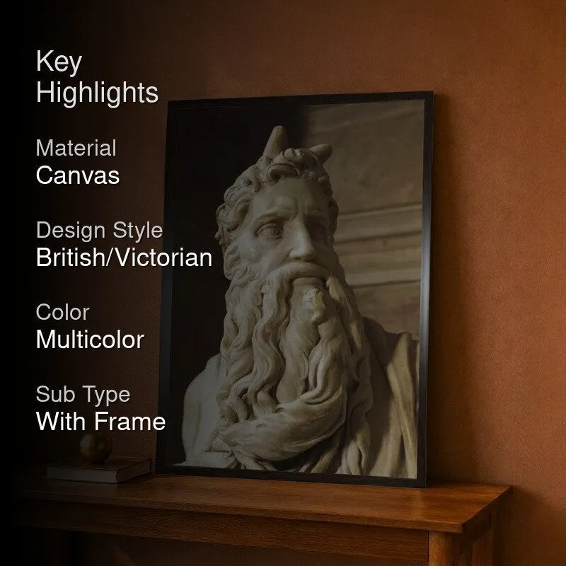 Framed classical sculpture canvas painting displayed against a warm brown wall