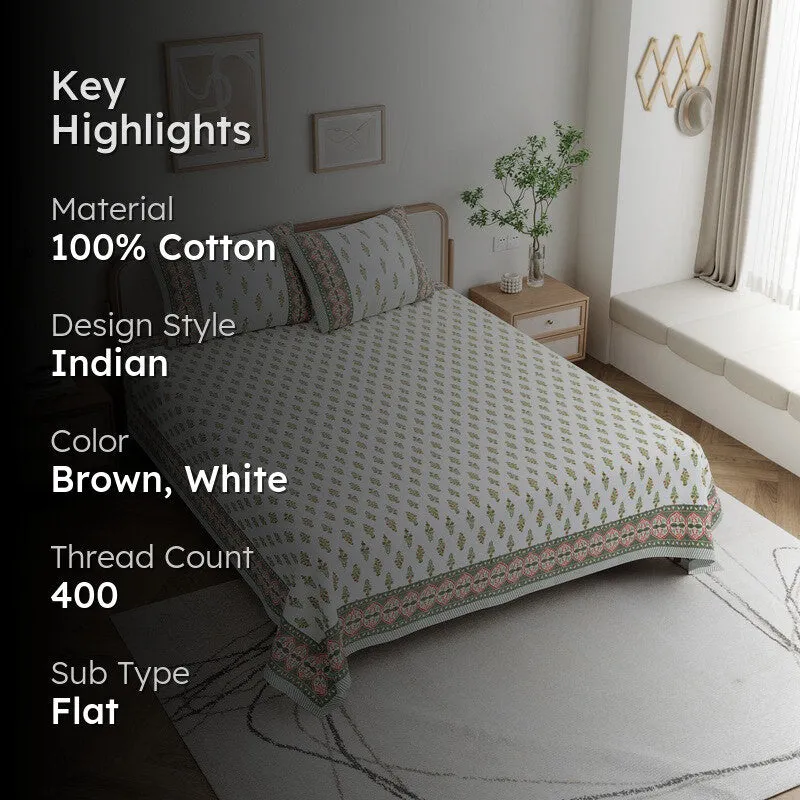 HeritagePetal Handblock Printed Cotton Bedsheet (Brown) - 400 TC media 2
