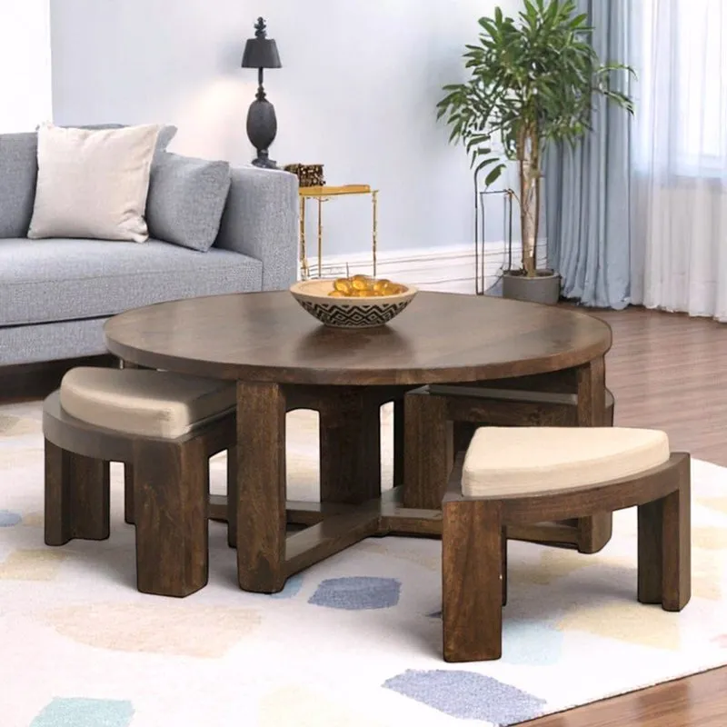Kervon Sheesham Wooden Center Table with Stools and Cushions (Brown) - Nine Piece Set media 1