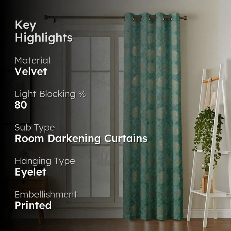 Glow Line Printed Velvet Curtain - Aqua Green,Gold media 2