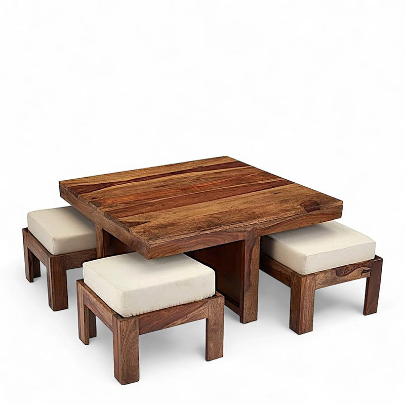Evrino Sheesham Wooden Center Table with Stools and Cushions (Brown,White) - Nine Piece Set media 4
