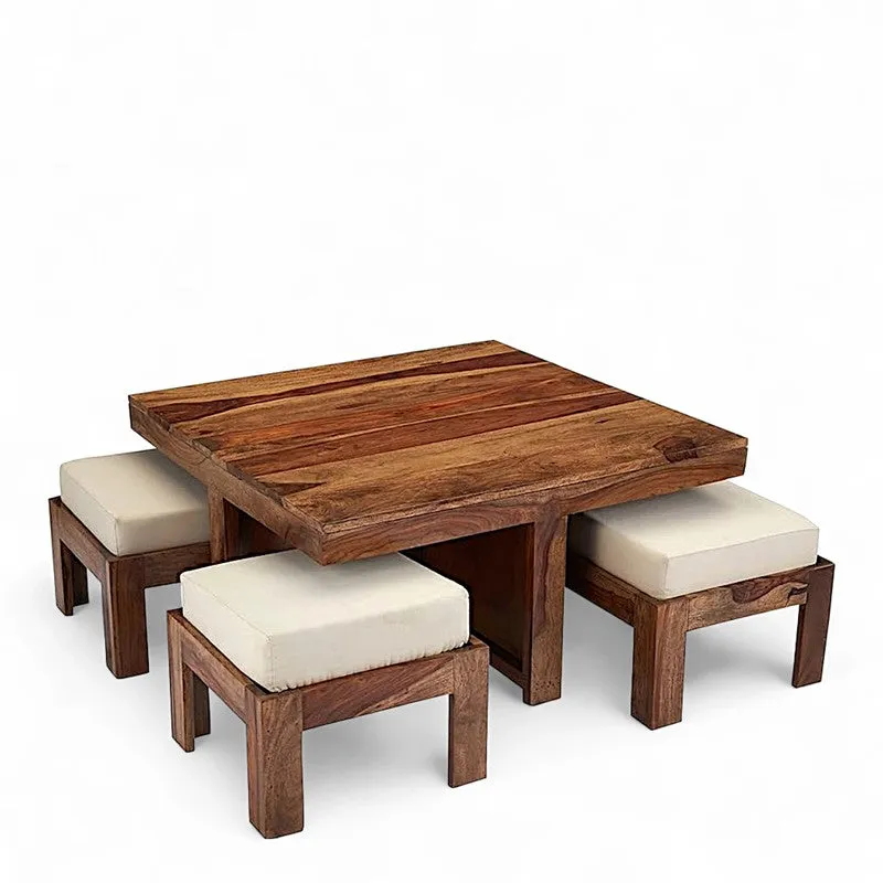 Evrino Sheesham Wooden Center Table with Stools and Cushions (Brown,White) - Nine Piece Set media 4