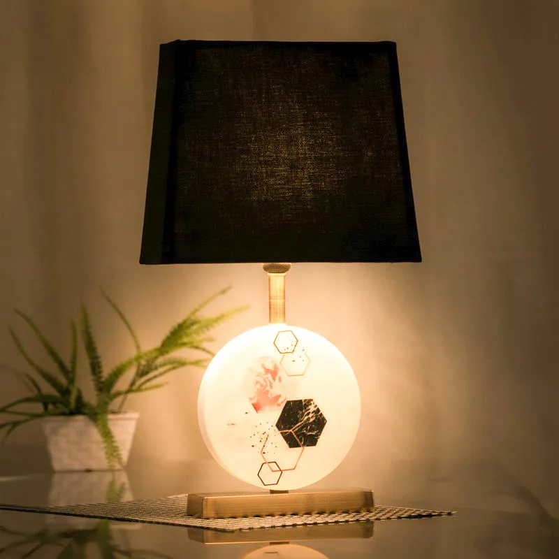 Hexa Marble & Brass Base Fabric Table Lamp - Black,White media 1