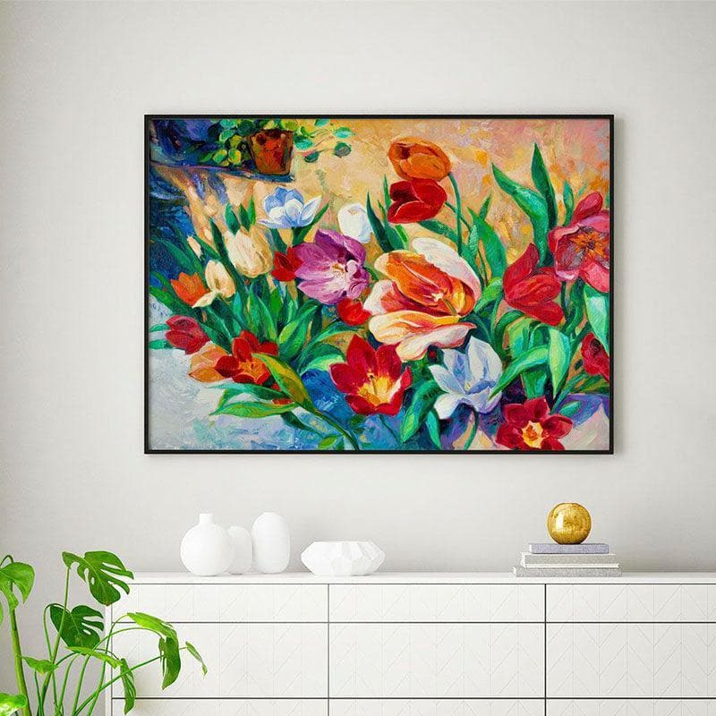 Dancing Flowers Wall Painting - Black Frame
