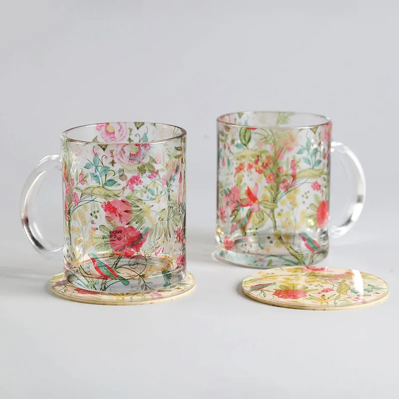 India Circus Vine Blooms Glass Mug With Coaster (325 mL Each) - Four Piece Set media 3