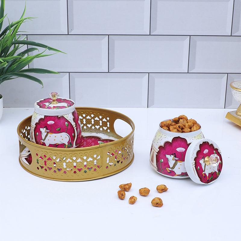 Gavya Pink & White Jar with Tray (200 ML) - Three Piece Set