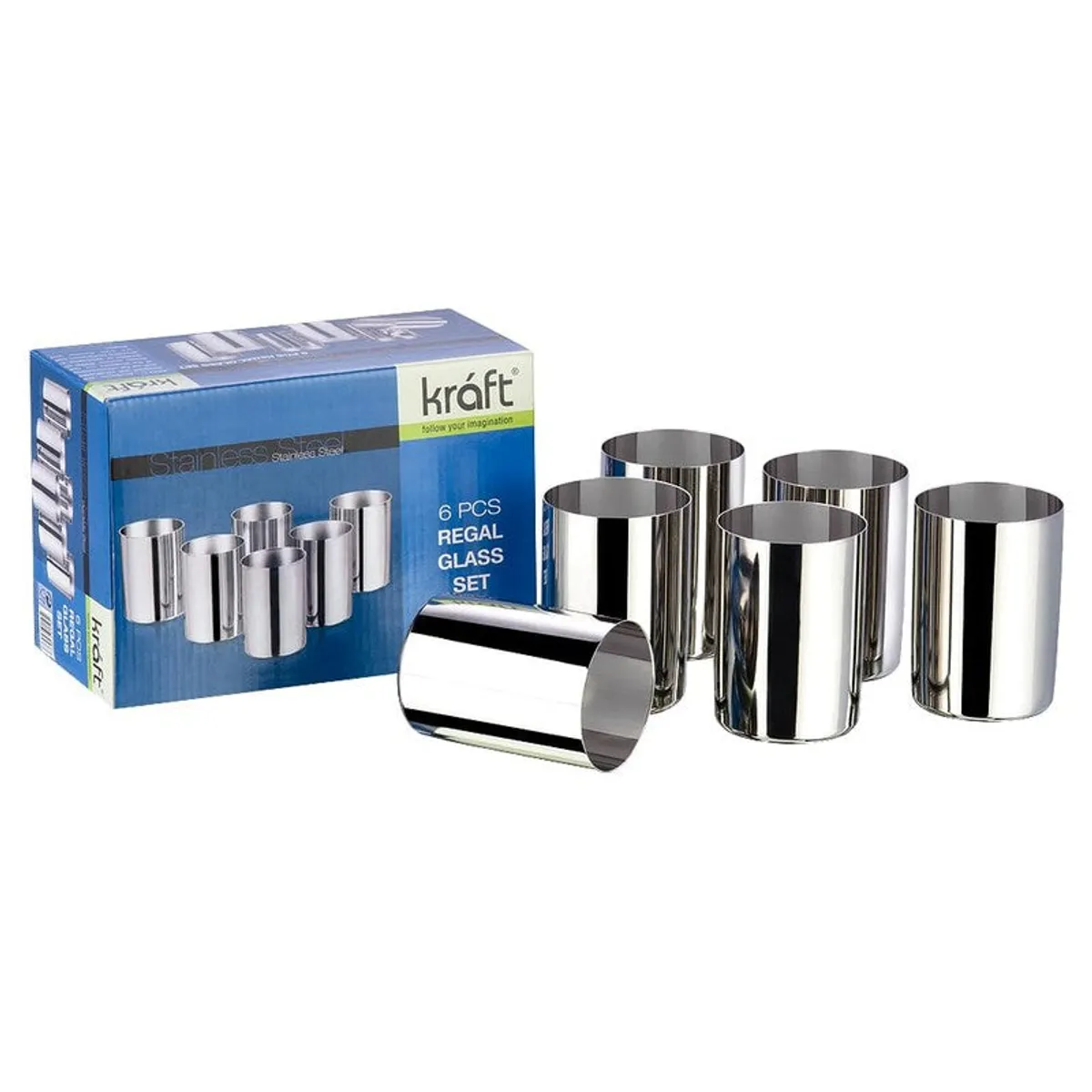 Six silver glasses displayed beside their blue Kraft product box
