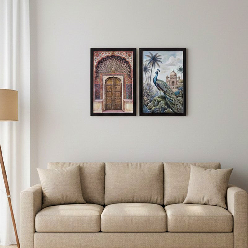 Mughal Inspired Arch Wall Painting With Frame - Set Of Two