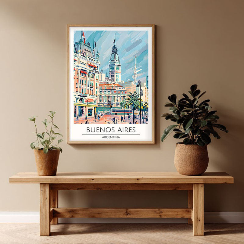 Vintage Buenos Aires Framed Canvas Archival Canvas Wall Painting - Natural Brown Frame