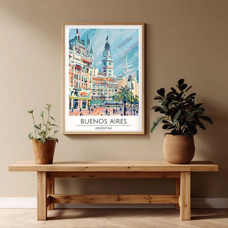 Vintage Buenos Aires Framed Canvas Archival Canvas Wall Painting - Natural Brown Frame media 1