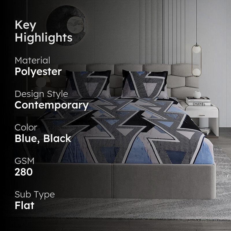 Monte Carlo Urban Triangle I Bedsheet (Blue,Black) - 280 GSM media 2