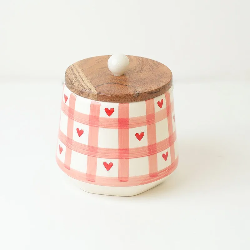 Checkered Charm Ceramic Storage Jar with Mango Wood Lid -  800 mL media 3