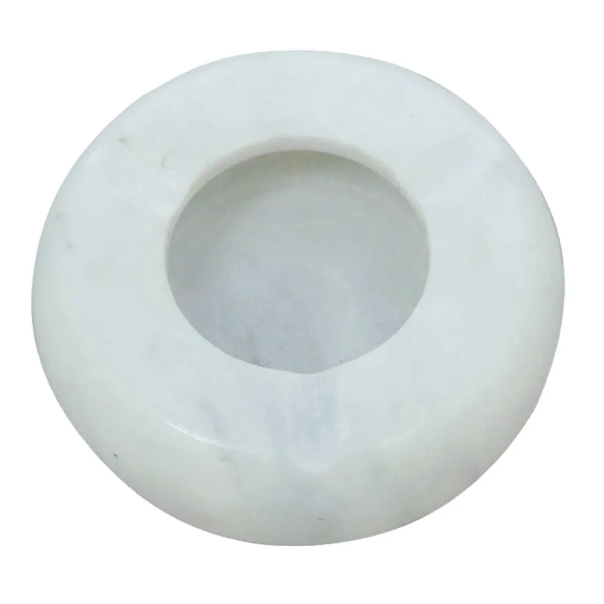 Top view of a white round marble ash tray on a plain background