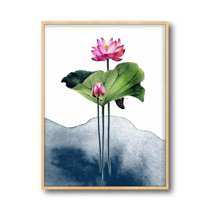 Watercolor Lotus Archival Paper Wall Art  - Natural Brown Frame media 6