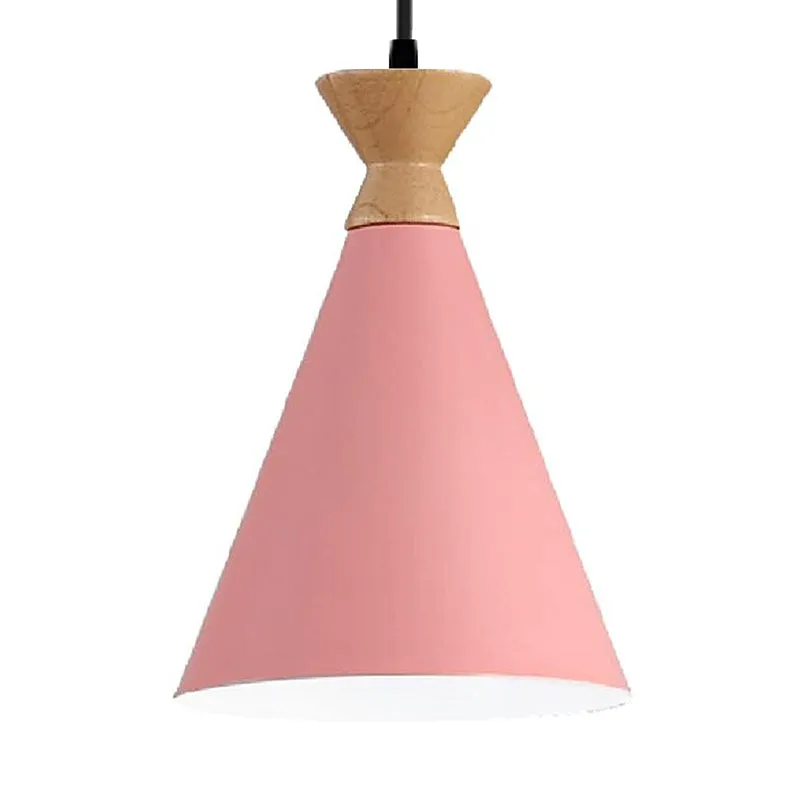 Single pink conical pendant lamp with a light wood-toned accent against a white background.