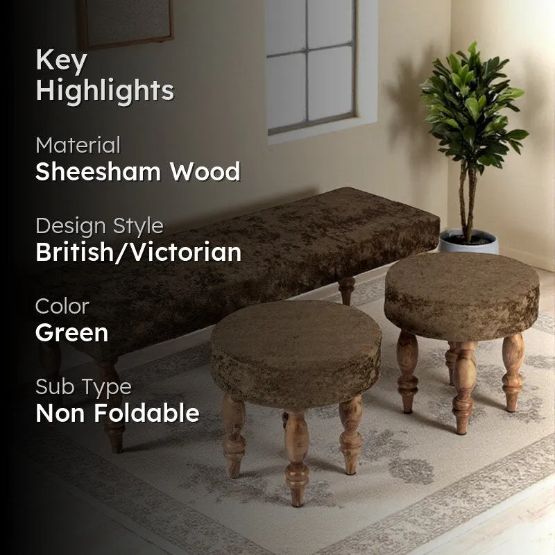 Alvino Sheesham Wooden Bench with Stools (Green) - Three Piece Set media 2
