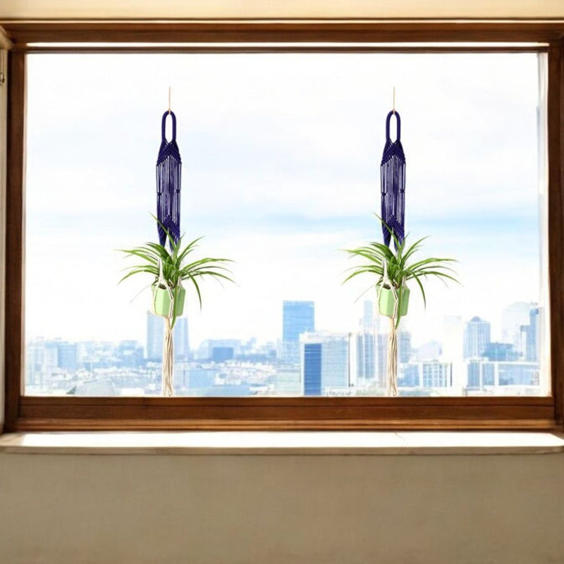 Fringe & Folia Macrame Hanging Planter (Blue & White) - Set Of Two