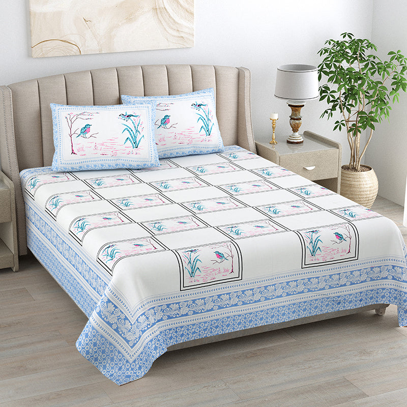 Feather Dreams Cotton Bedsheet (Blue, Pink) - 144 TC
