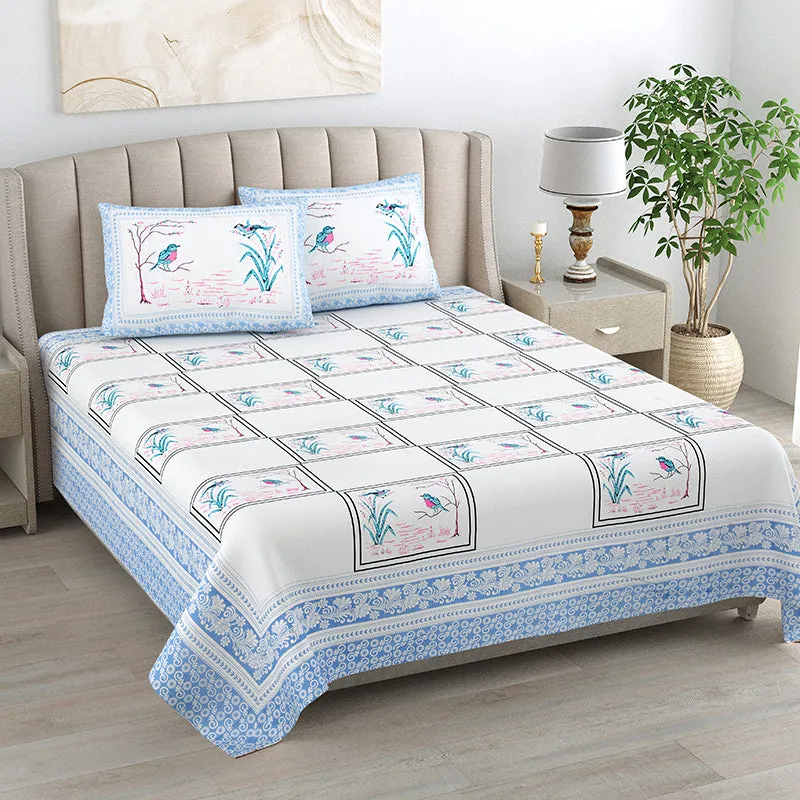 Feather Dreams Cotton Bedsheet (Blue, Pink) - 144 TC media 1