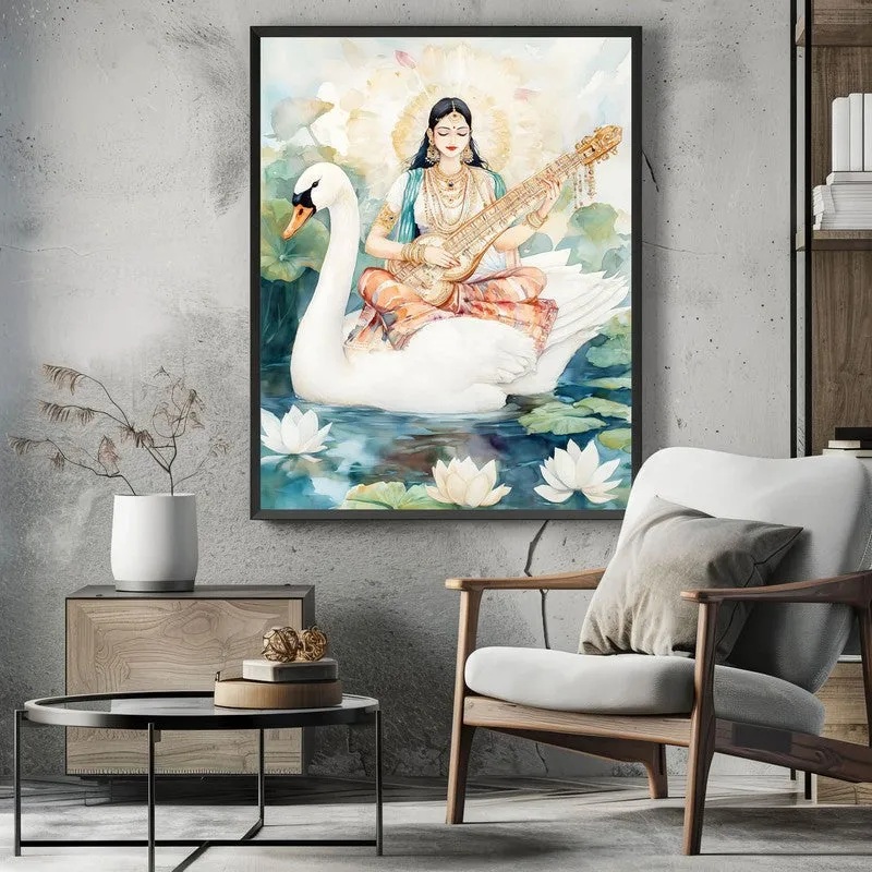 Vijnana Saraswati Spiritual Archival Paper Wall Painting With Frame - Black media 3