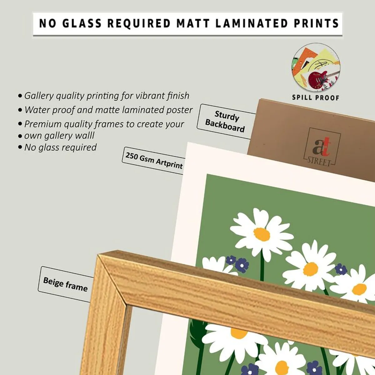 Close-up of a beige wood-look frame corner and printed artwork sample