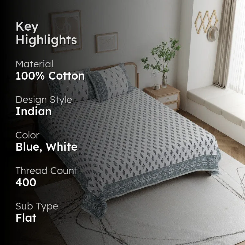 HeritagePetal Handblock Printed Cotton Bedsheet (Blue) - 400 TC media 2