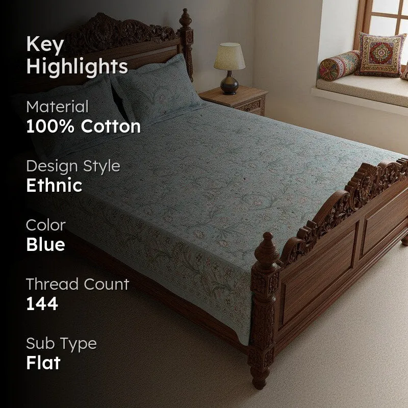 Samuna Floral Cotton Bedsheet (Light Blue) - 144 TC media 2