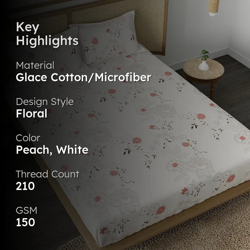 Floral peach and white bedsheet with text overlay showing material and thread count