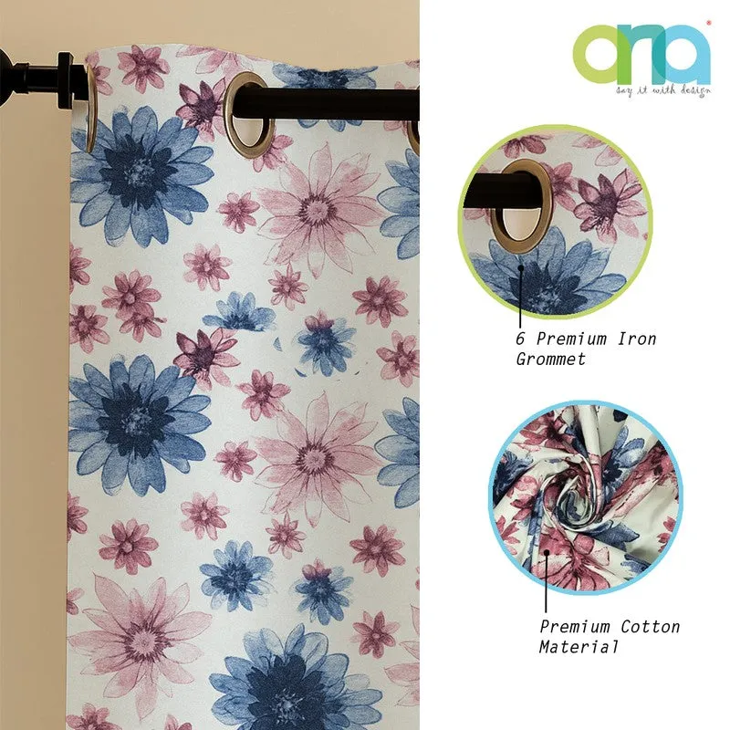 Close-up view of the floral curtain's eyelet and printed cotton fabric.