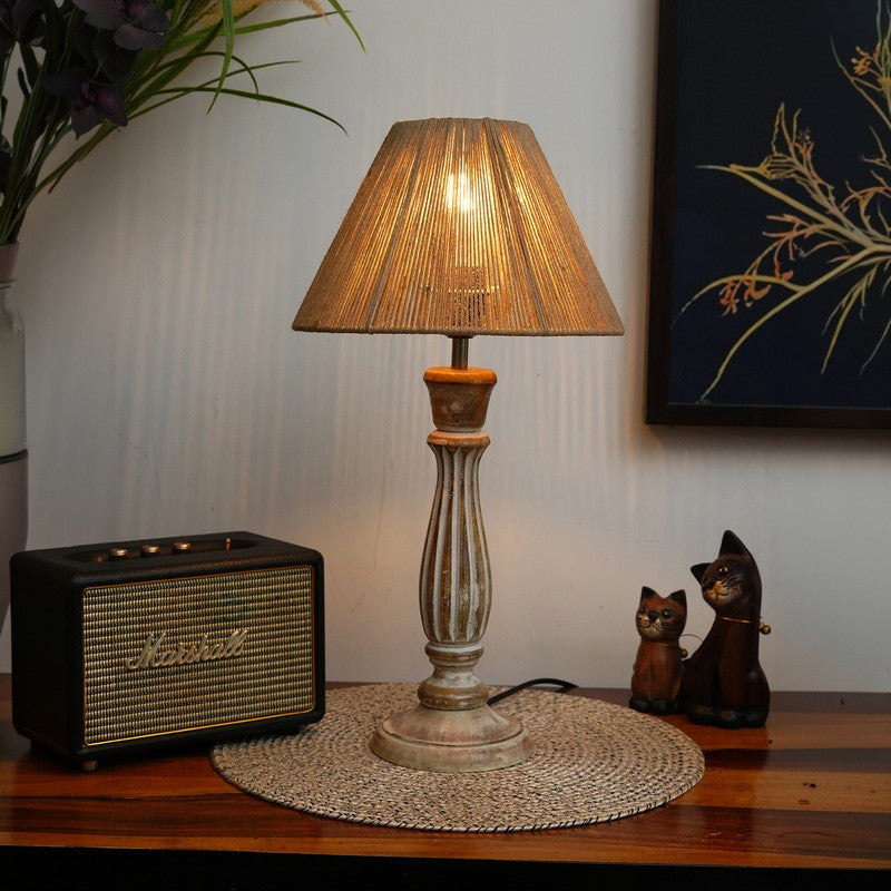 Coastal Wooden Base Cotton Table Lamp - Beige