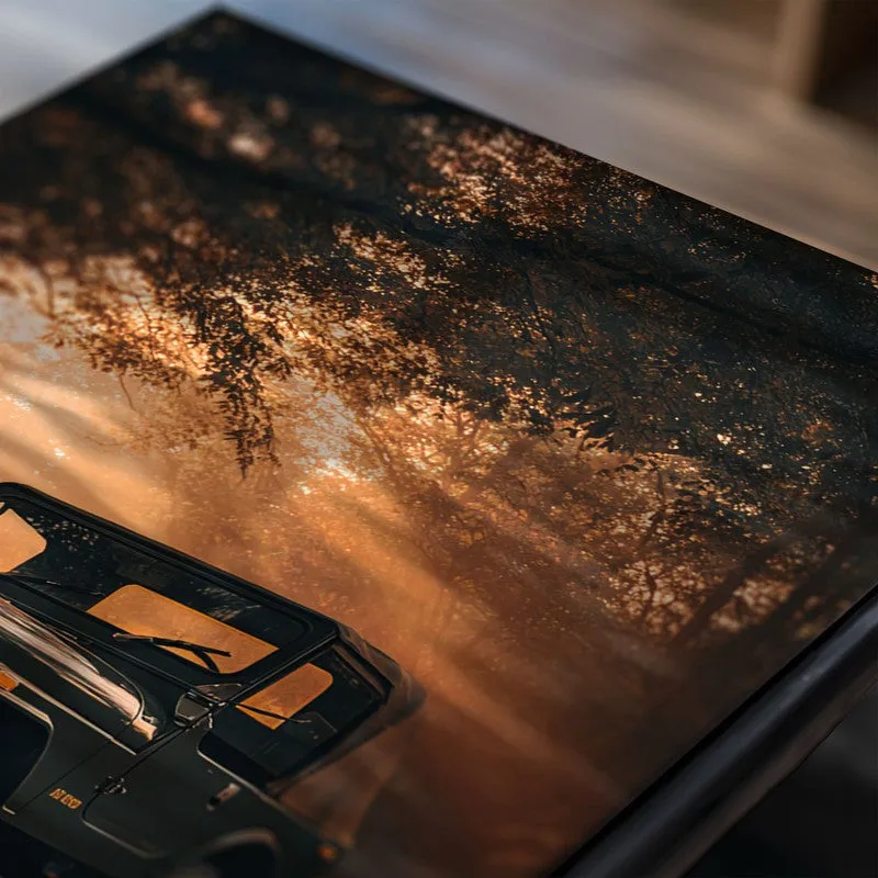Close-up of an off-road vehicle poster with warm sunset tones