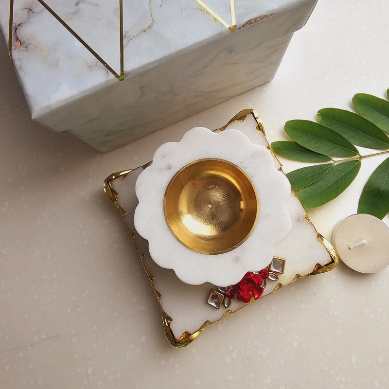 Harshita Handcarved Floral Diya With Brass Bowl media 4