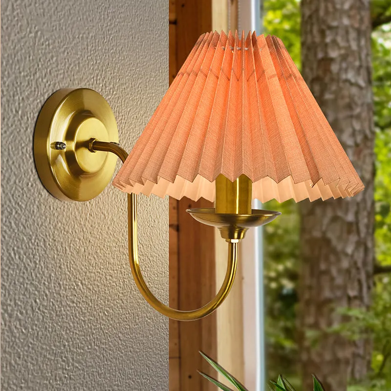 French Pleat Fabric & Metal Wall Lamp - Gold & Pink media 1