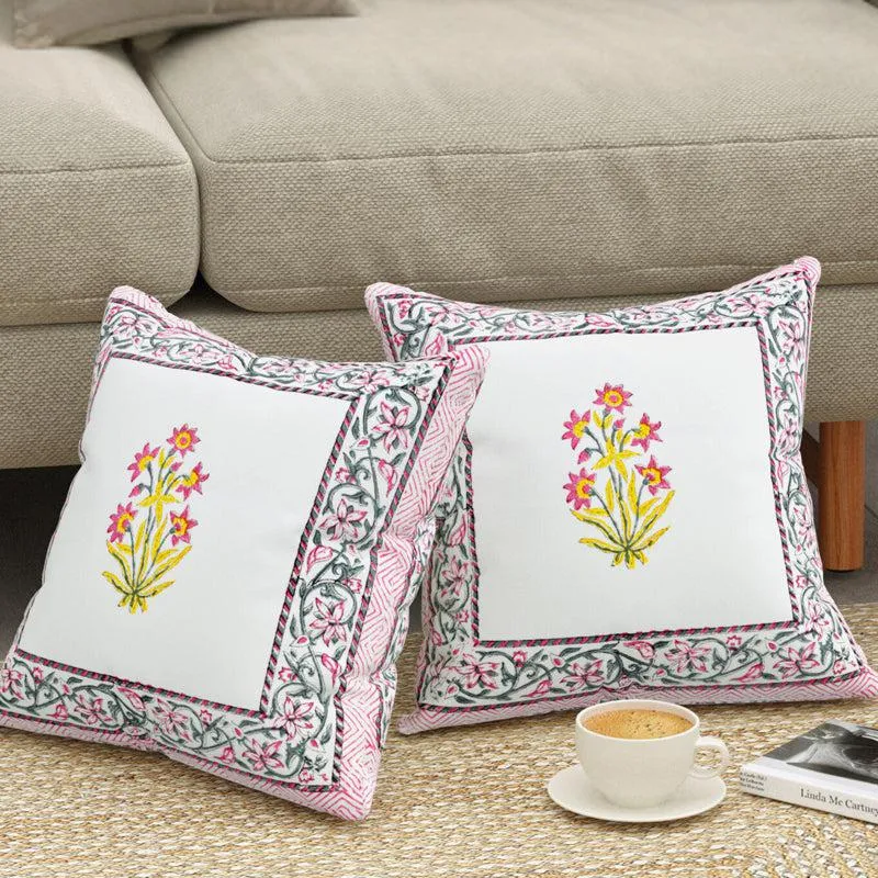 Basanti Bloom Jaipuri Block Print Cushion Cover - Set Of Two media 1