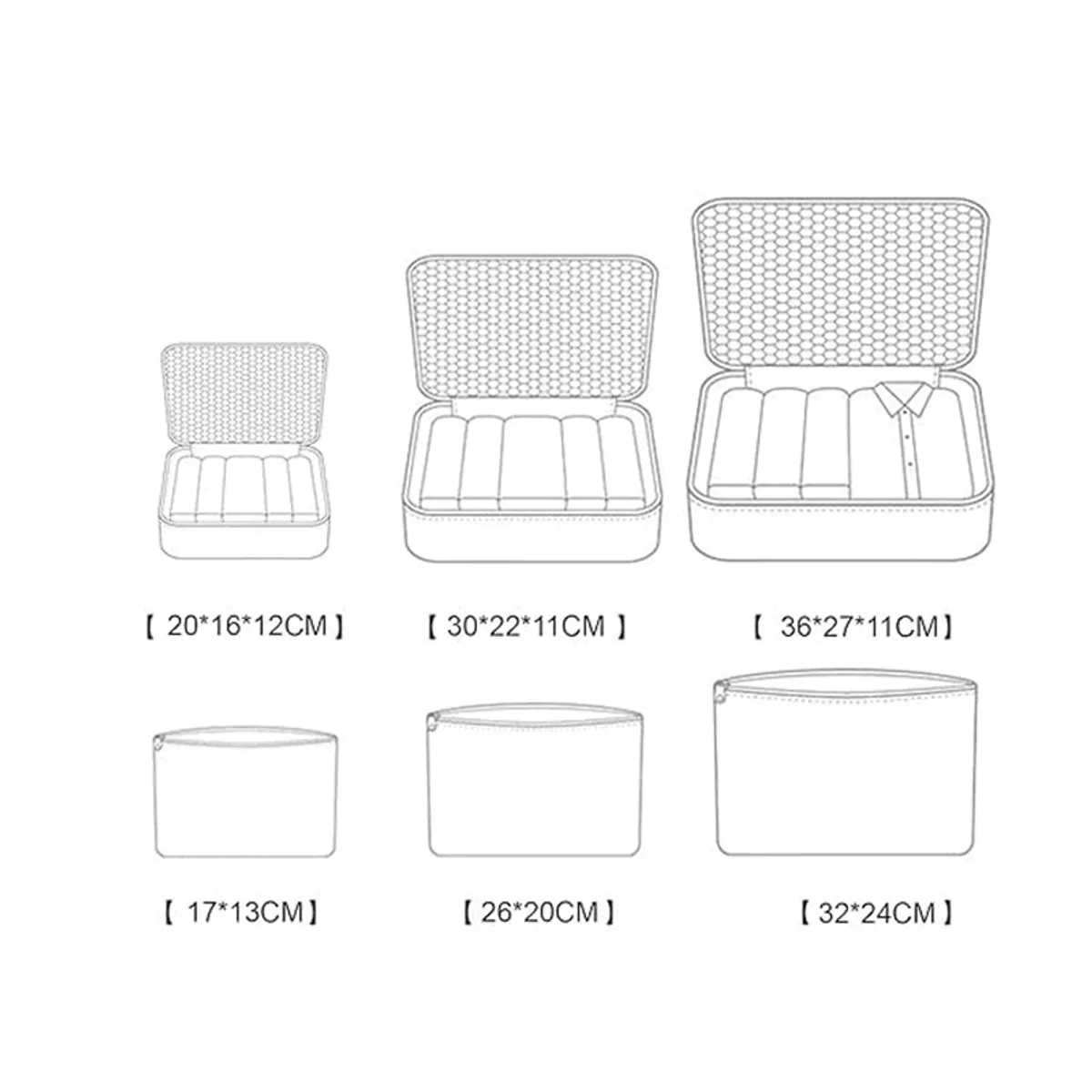 Line illustration showing different organiser shapes and sizes.