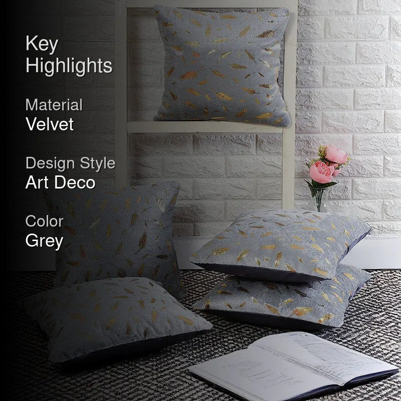 Golden Frond Velvet Cushion Cover (Grey) - Set Of Five media 2