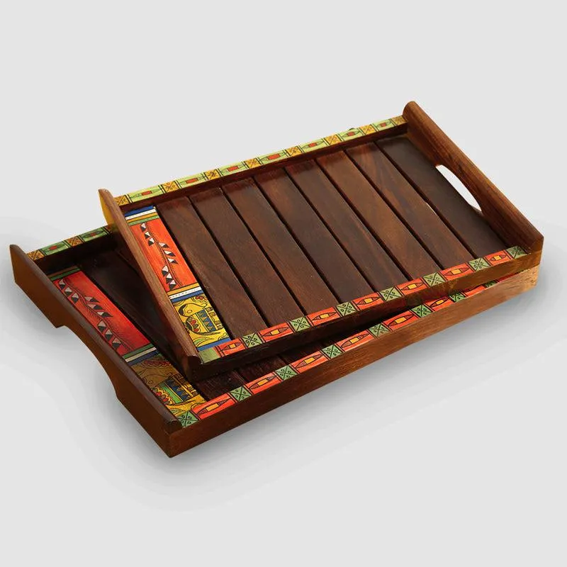 Prakriti Madhubani Handpainted Sheesham Wood Serving Tray - Two Piece Set media 3