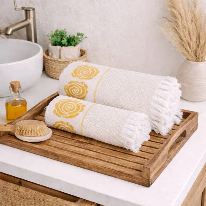 Rosette Cotton Bath Towel (Yellow & White) - Set Of Two media 1