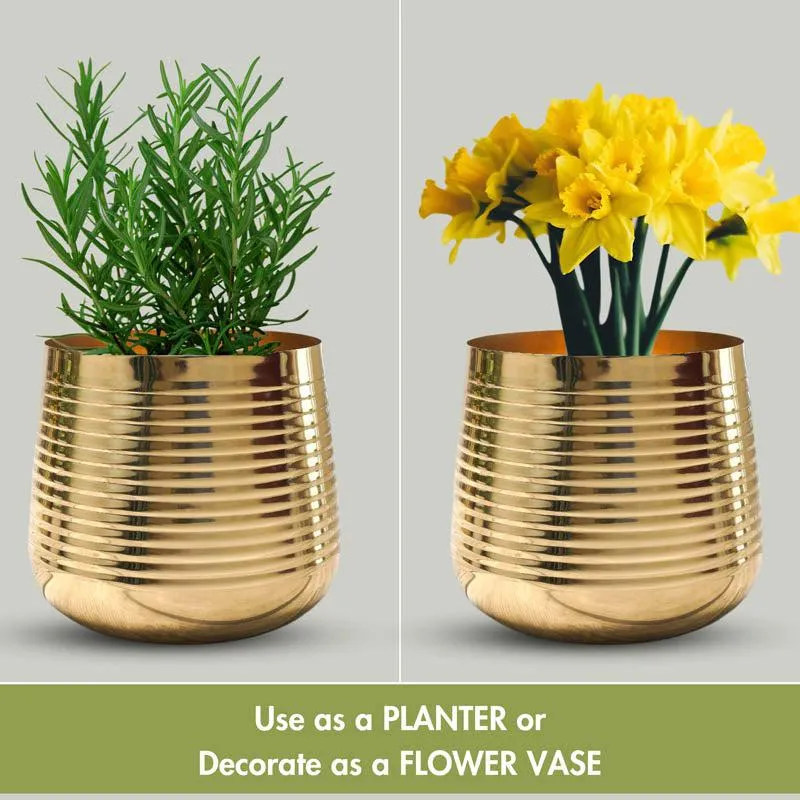 Auric Metal Gold Ribbed Planter - Gold media 8