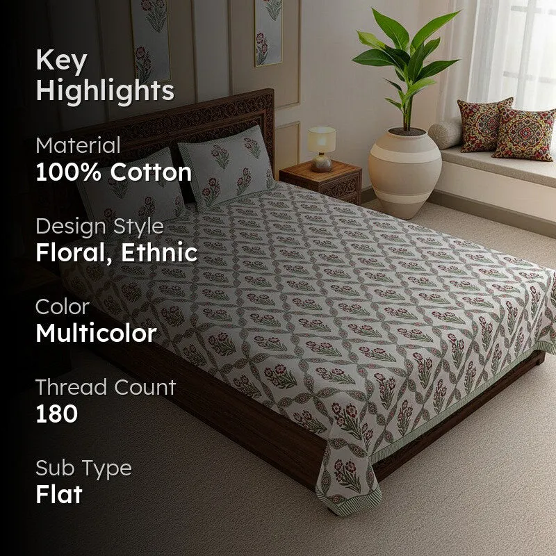 Malati Cotton Bedsheet (Red, Light Green) - 180 TC media 2