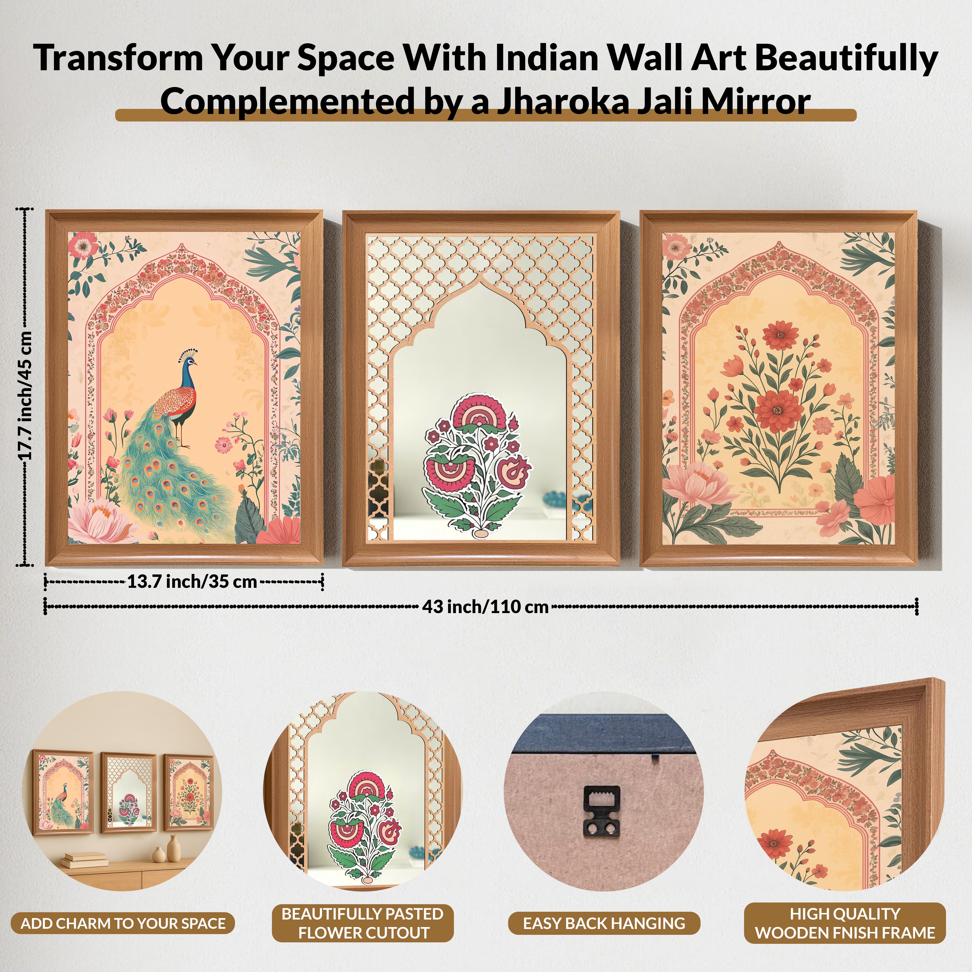 Indo (Ethnic Floral Jharoka Wall Mirror Painting) - Set Of Three media 3