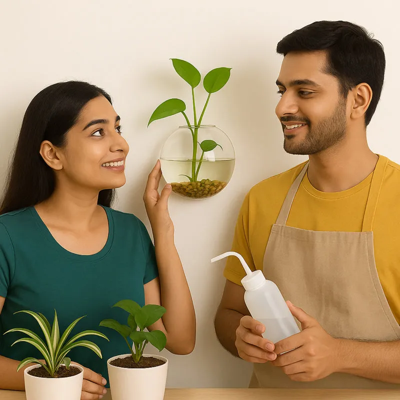 Two people admiring a wall-mounted glass vase with green stems